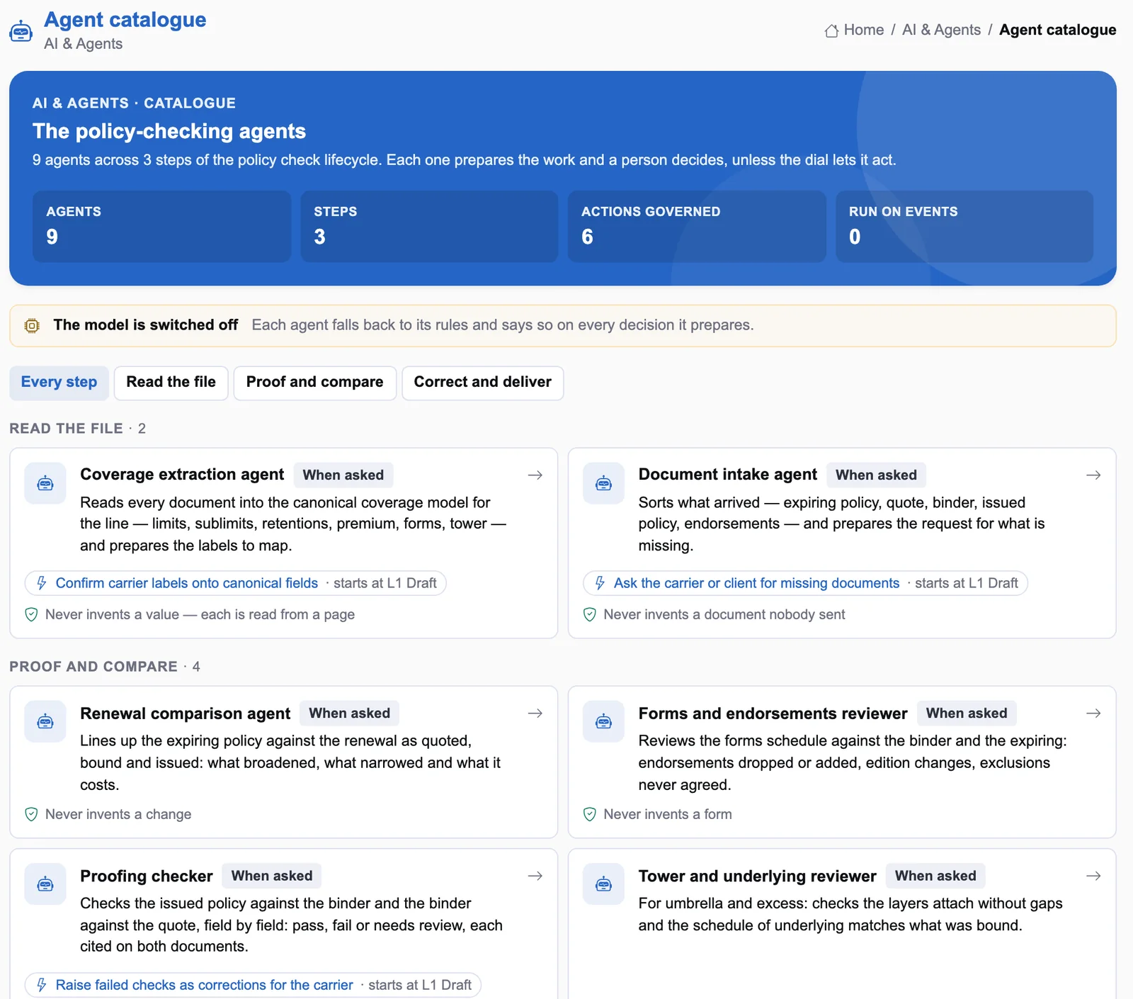 The agent catalogue: nine policy-checking agents in three steps