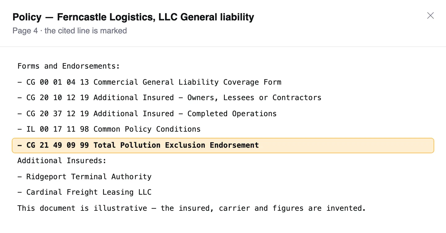 The citation drawer with a cited line marked on page 4 of an illustrative policy