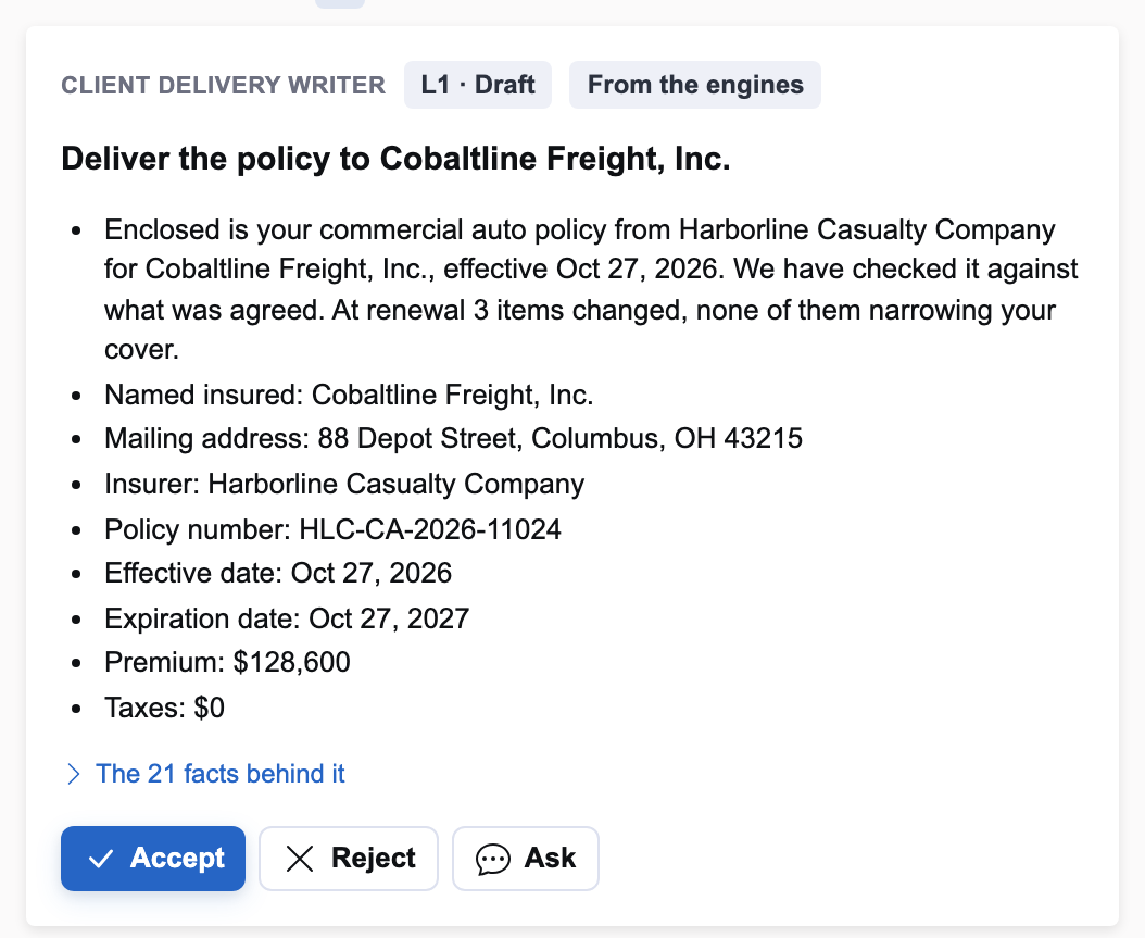 The client delivery summary prepared for an illustrative commercial auto policy