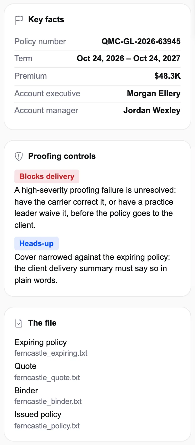 Key facts and the proofing controls that fired on an illustrative check