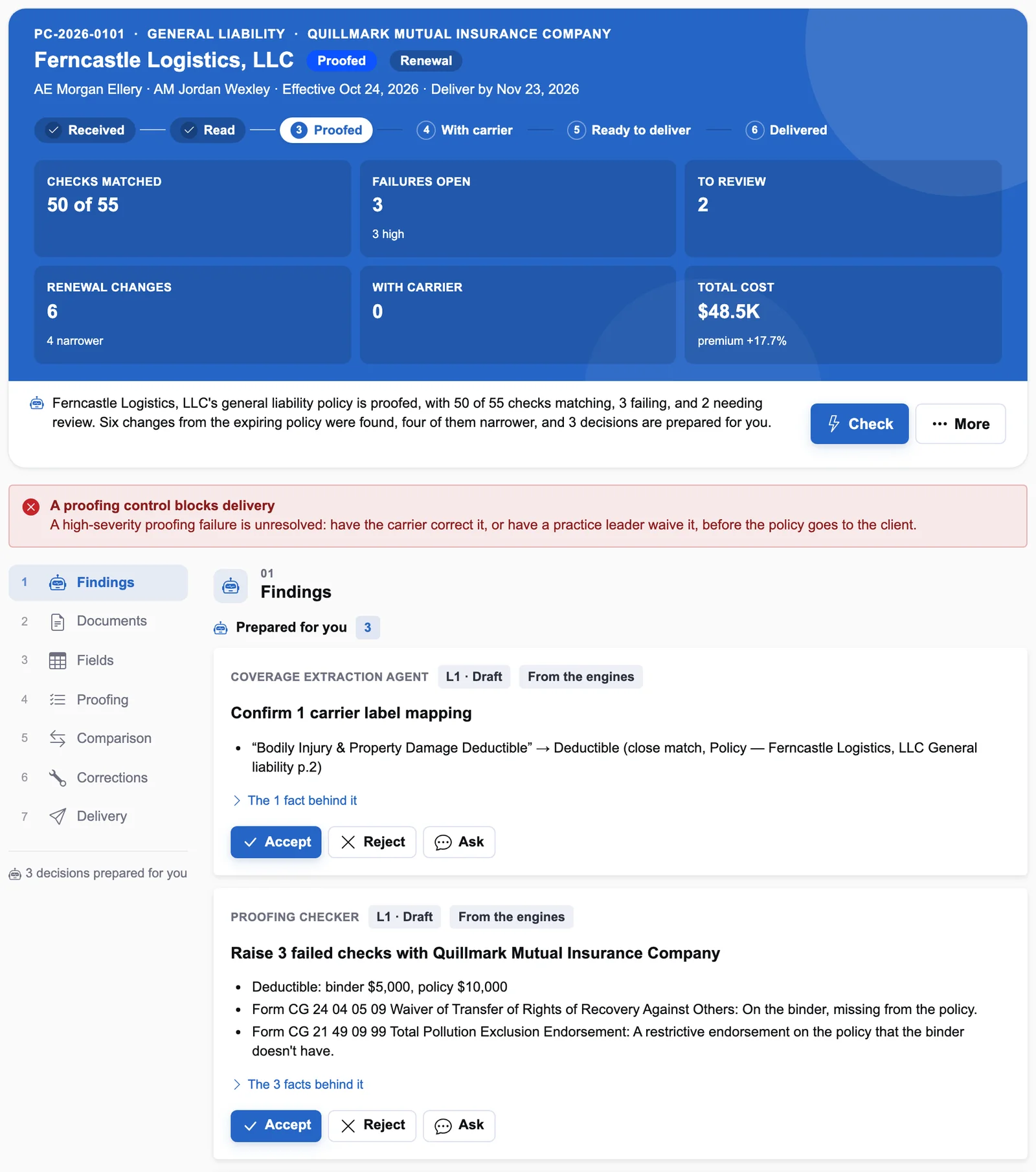 The Check Workspace for an illustrative general liability renewal